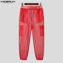  Stylish Casual Style Trousers INCERUN New Men's Party Shows Hot Sale Long Pants Sexy Solid See-through Thin Mesh Pantalons S-5XL 