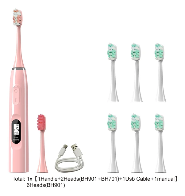 Sfeel 15 Modes LCD Screen Sonic Smart Electric Toothbrush Adult Timer USB Type C Rechargeable IPX7 Waterproof Whitening Pink-8 heads