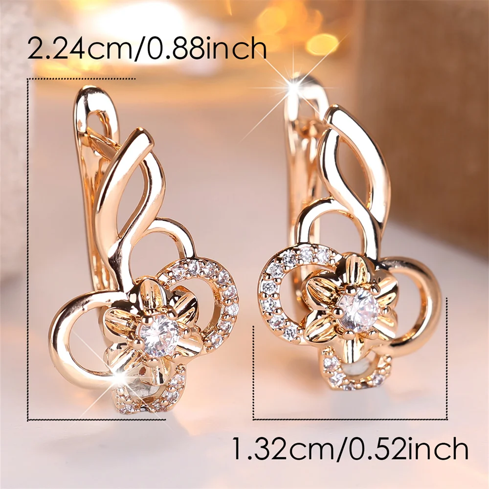 White Zircon Round Stone Hollow Flower Hoop Earrings For Women Vintage Gold Color Small Flower Ear Buckle Wedding Jewelry Gifts