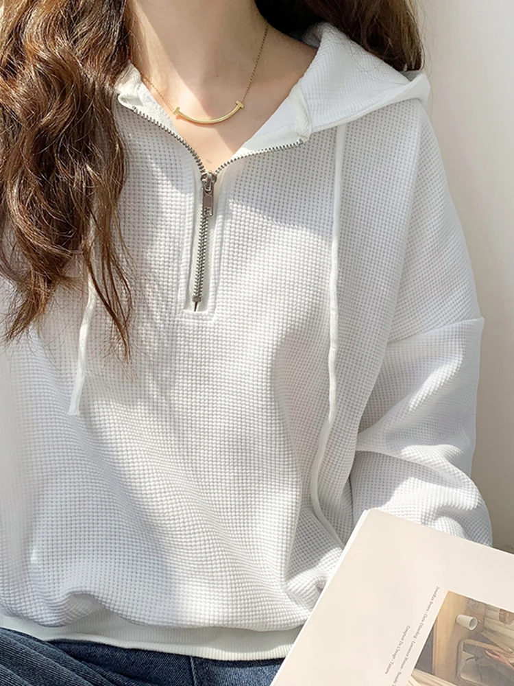Zip Sweatshirts Women Hoodies Long Sleeve White Pullovers Female Thin Tops Loose Casual Streetwear Waffle Pulls Drop Shoulder