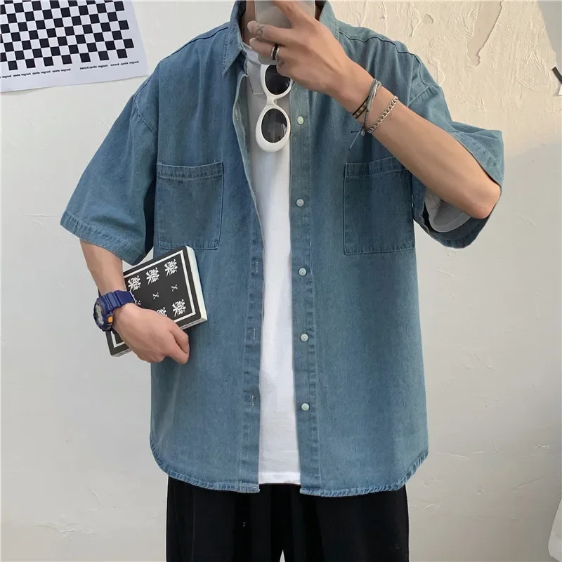 Denim Shirt Summer New Loose Fit 5 Button Short Sleeve Men's Denim Shirt Casual Style Korean Version Couple's Shirt Comfortable Breathable