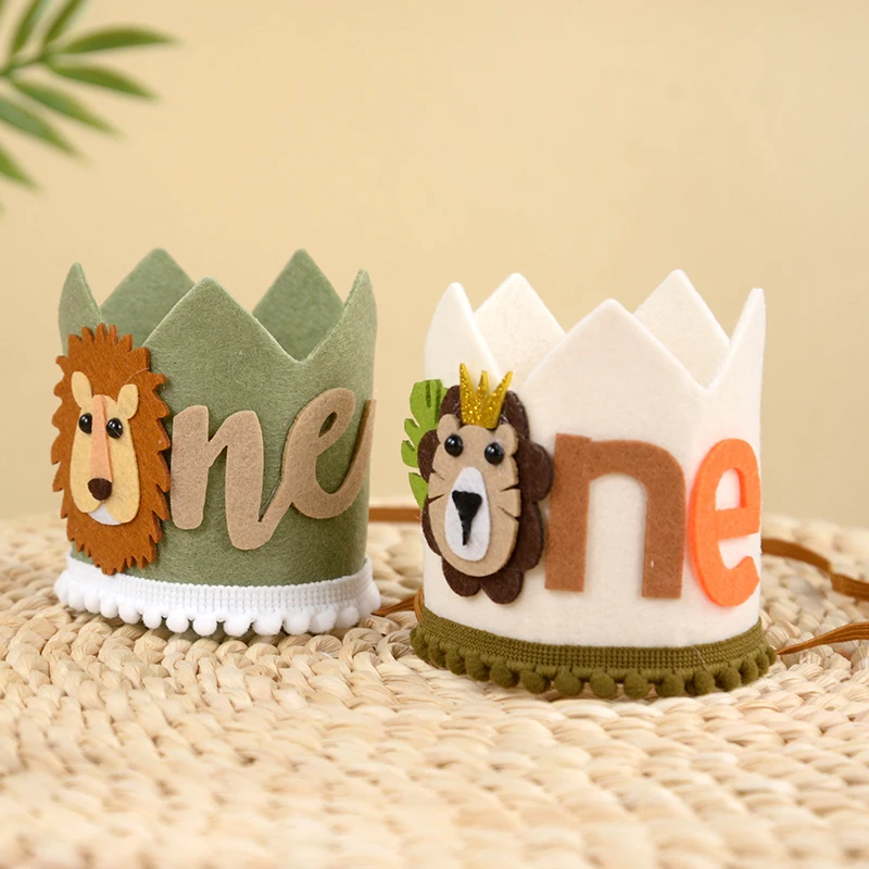 1st Kids Jungle Safari Crown Hat Baby 1 Year Old Birthday Party Lion Headband Wild One Party Decoration Photo Props Baby Shower