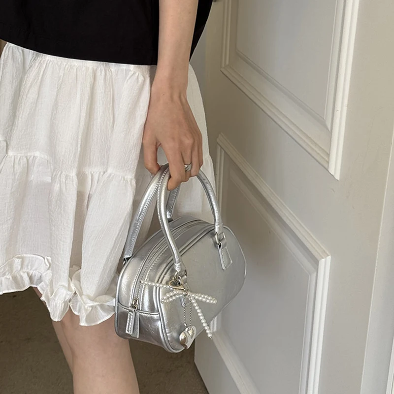 Silver Small Square Bag PU Handheld Crossbody Bag Bowling Bag Fashion Casual Women's Boston Commuter Bag