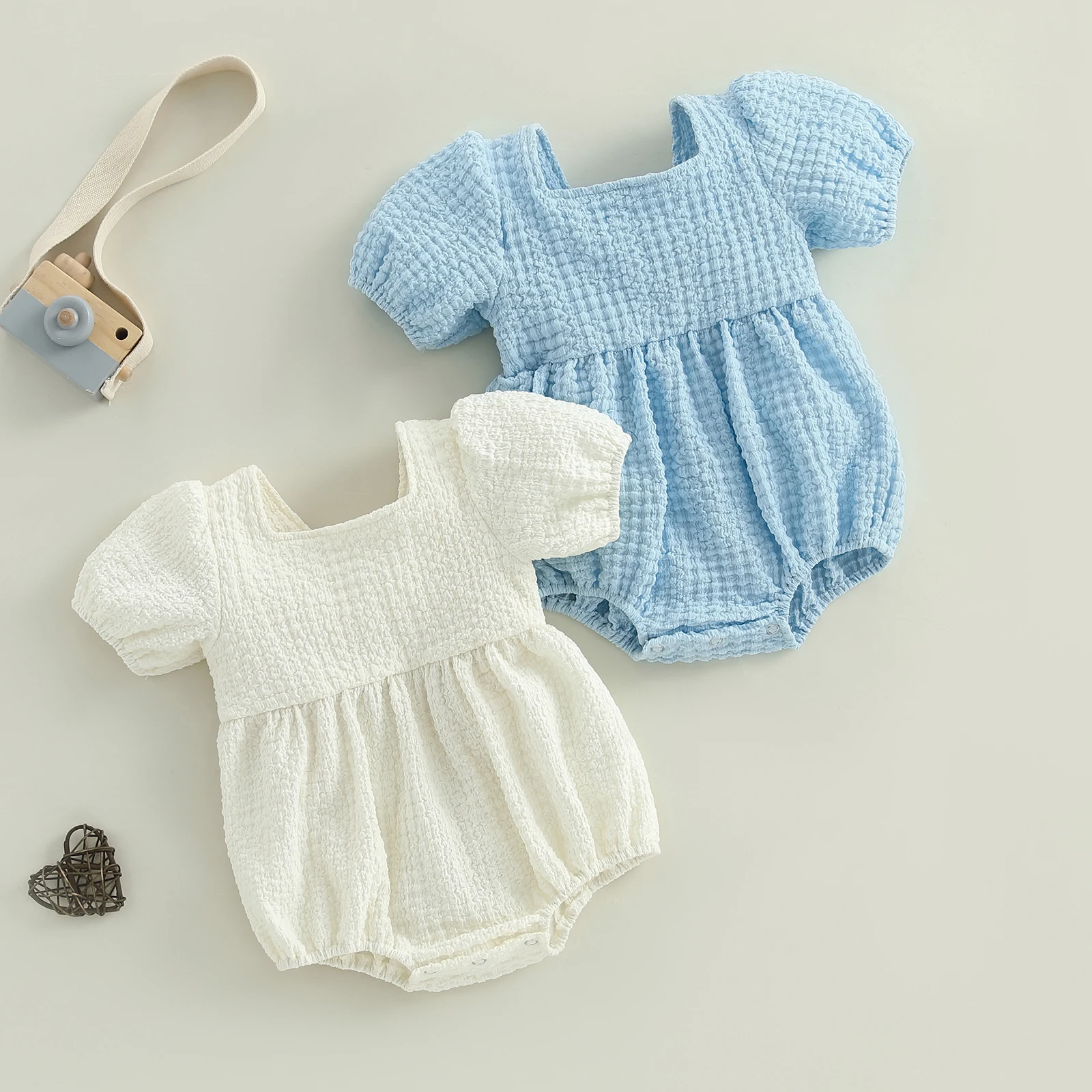 FOCUSNORM 4 Colors 0-18M Lovely Baby Girls Bubble Romper Short Puff Sleeve Square Neck Backless Newborn Playsuit baby rompers baby jumpsuit baby clothing