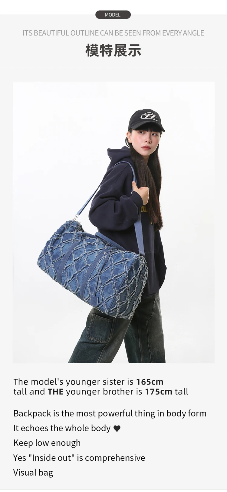 Denim-Reisetasche, modische Reisetasche, Unisex-Umhängetasche, lässige Sporttasche mit einzigartigem, zerrissenem Design, großes Fassungsvermögen, vielseitige Nutzung – Detail 7