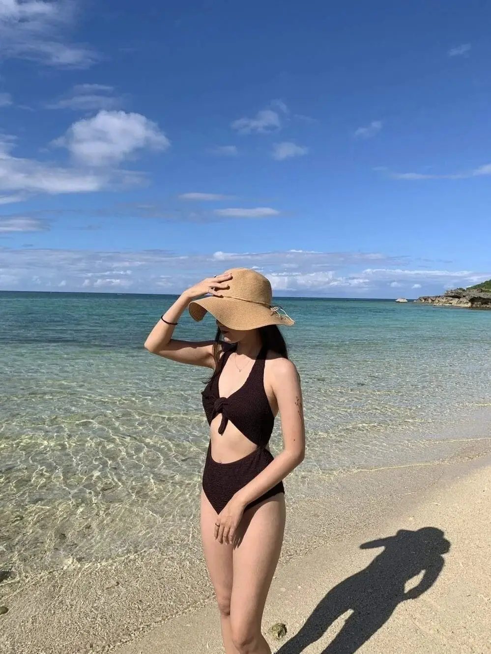 Ladies Summer V-Neck Chest Bow High Waist Sexy Beach Solid Color Bikini Multi-Color One-Piece Swimsuit