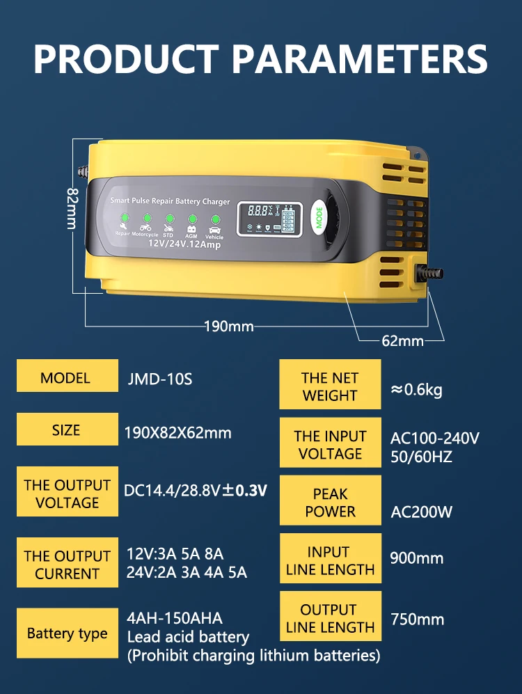 12V 12A 24V 6A Pulse Repair Charger with LCD Display, Motorcycle & Car Battery C