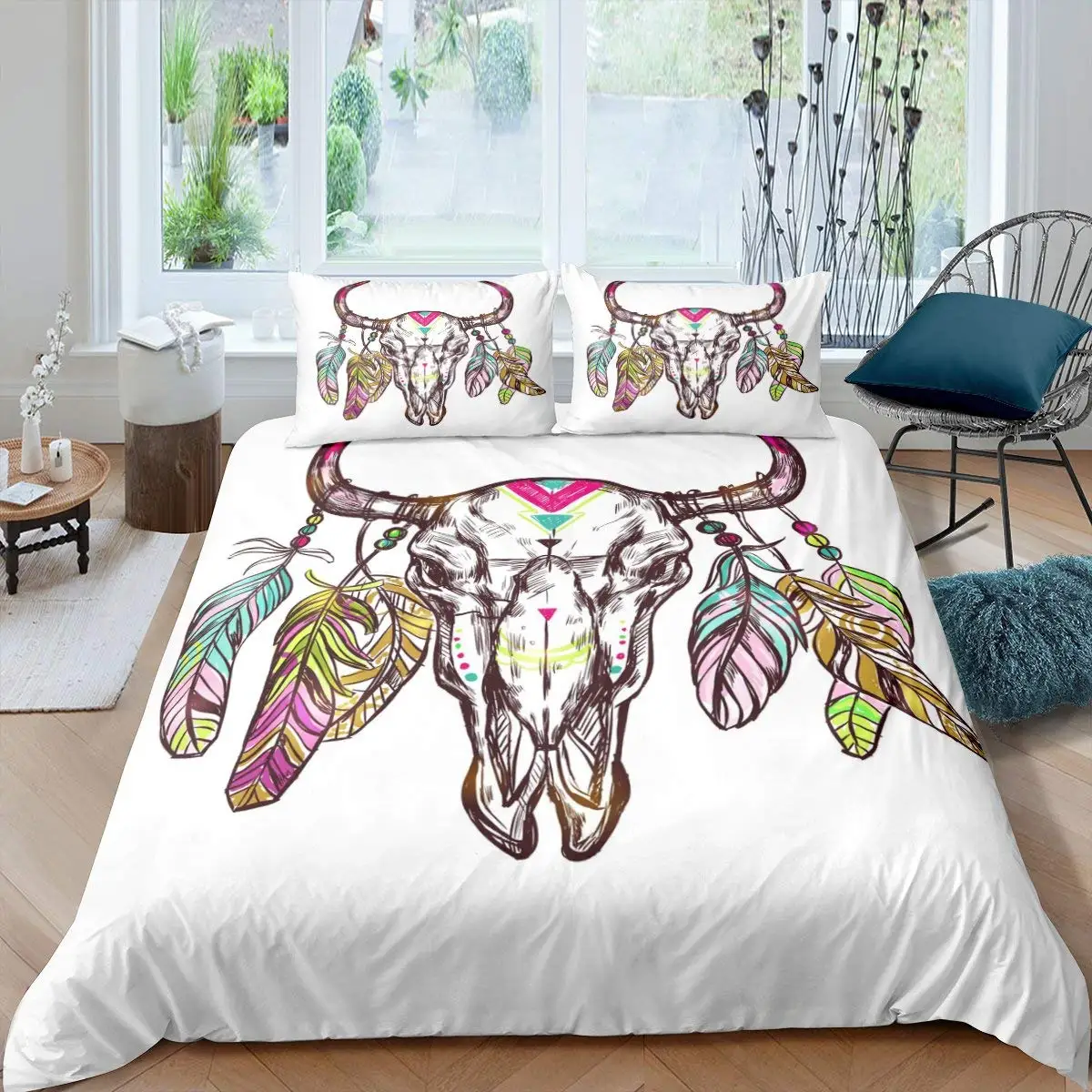 

Bull Skull Duvet Cover Chic Feather Bedding Bohemian Exotic Branches Flower for Kids Teens Women Men Room Decoration Quilt Cover