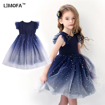 LJMOFA 여름 소녀 드레스 공주 스타 민소매 얇은 명주 그물 투투 원피스, 4-8Y 어린이 생일 파티, 얽힌 원피스, 유아, 원피스 D229