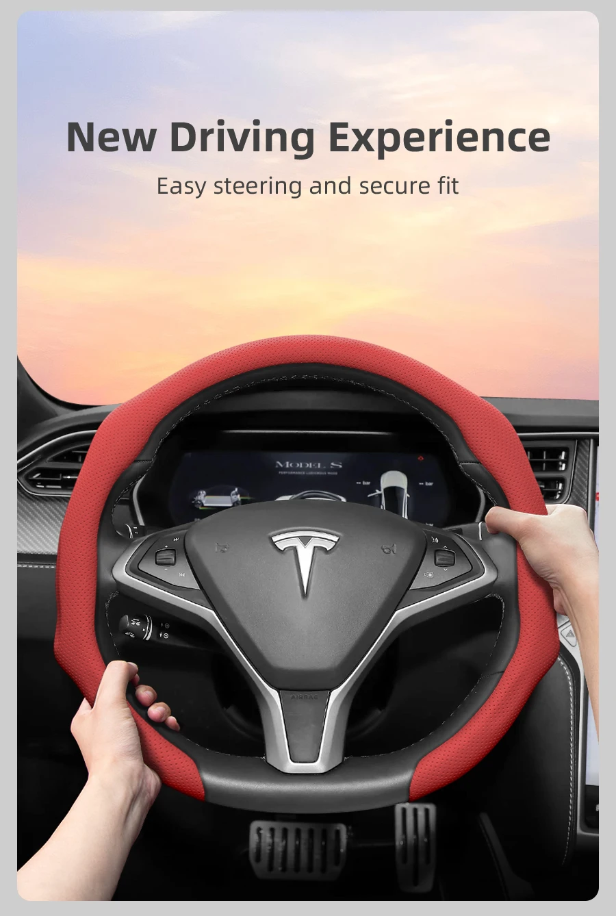 Geeignet für Tesla-Lenkradbezug aus perforiertem Leder, rutschfest, schweißabsorbierend, atmungsaktiv, integrierte Schutzhülle zum Aufstecken für Modell 3 Y S X und andere Modelle, erhältlich in Rot, Schwarz, Orange, Grün und Weiß – Detail 9