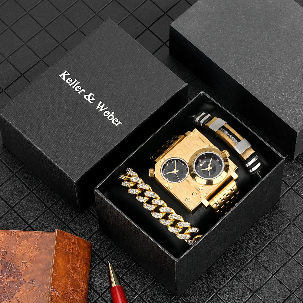 Golden Luxury Brand Quartz Wristwatch Male Diamond Bracelet Set Gift for Boyfriend Fashion Square Dial Design Relogio Masculino 3 Golden Luxury Brand Quartz Wristwatch Male Diamond Bracelet Set Gift for Boyfriend Fashion Square Dial Design Relogio Masculino 3