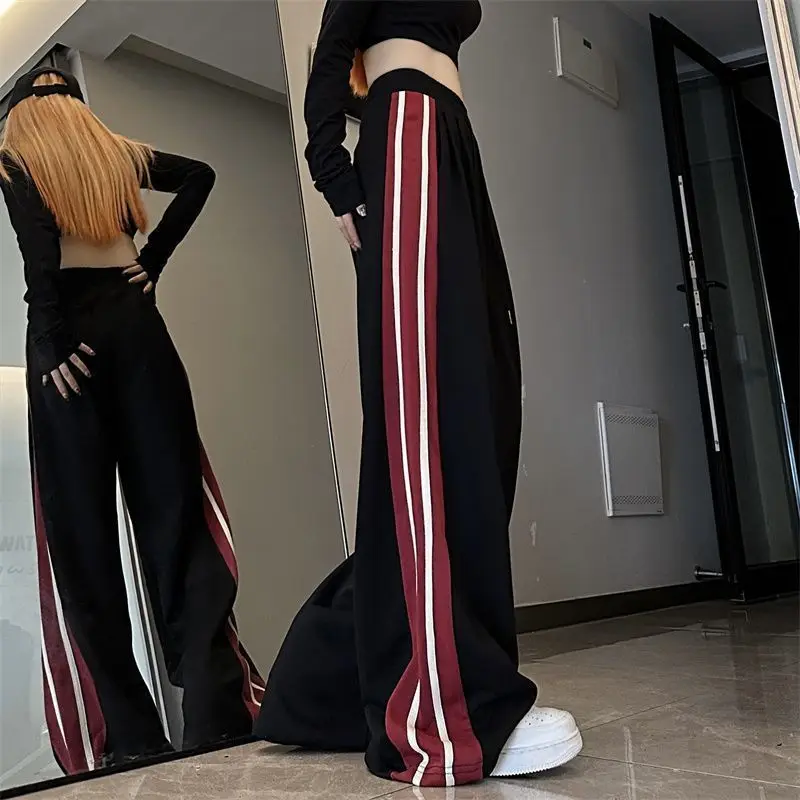Summer High Street American Casual Pants Women Korean Version Loose Fitting Stripe Print Drawstring Patchwork Pockets Trousers