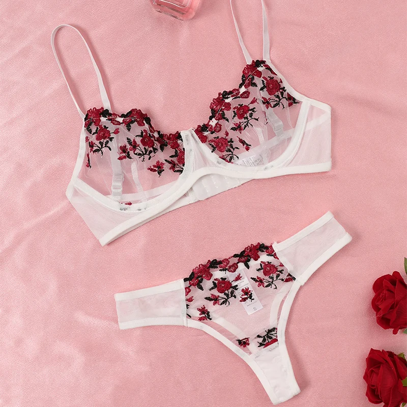 White and Red Embroidered Floral Sheer Lingerie Set
