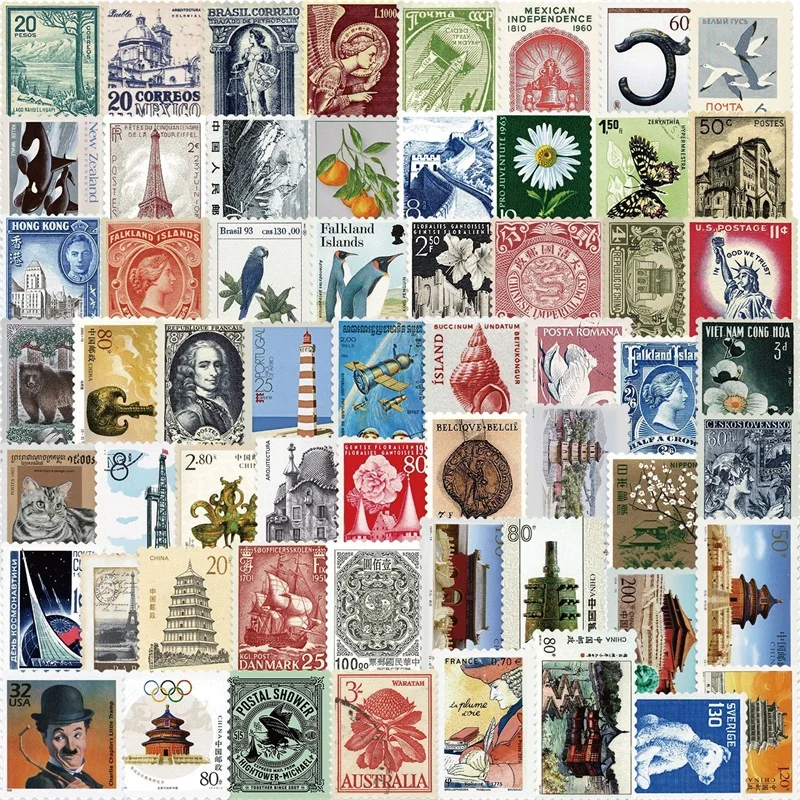 

10/30/64PCS Vintage Postmark PVC Sticky Sticker Aesthetic DIY Stationery Decoration Scrapbooking School Supplies for Kids