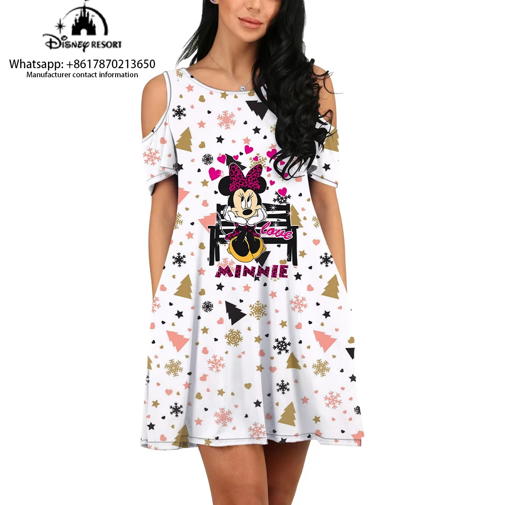 

New Minnie and Mary Cat Anime Summer Women's Tunic Short Sleeve Disney Print Knee Length Elegant Crew Neck Fashion Casual Dress