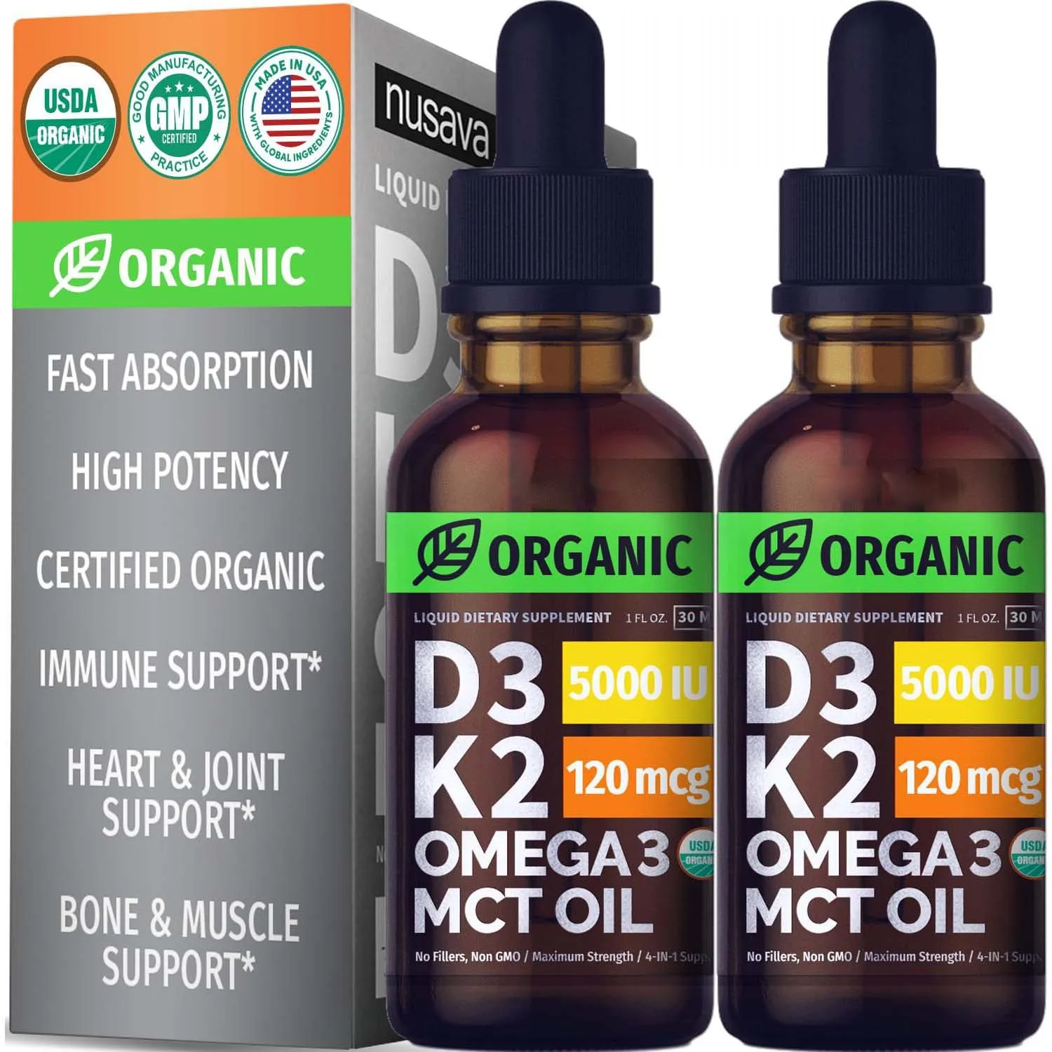 Confezione Da 2 Gocce Di Vitamina D3 K2 Organiche Omega 3 5000 Iu Liquido Di Vitamina D Senza Riempitivi Liquido Non Ogm Per L'Assorbimento Più Rapido
