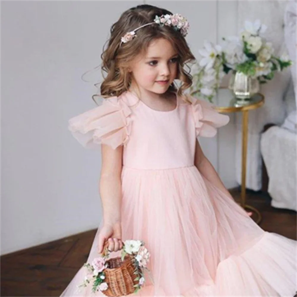 

First Communion Dresses Tulle Lovely Fluffy Pink Angel Flower Girls Dress Wedding Party Dance Beauty Pageant Fantasy Kids Gift