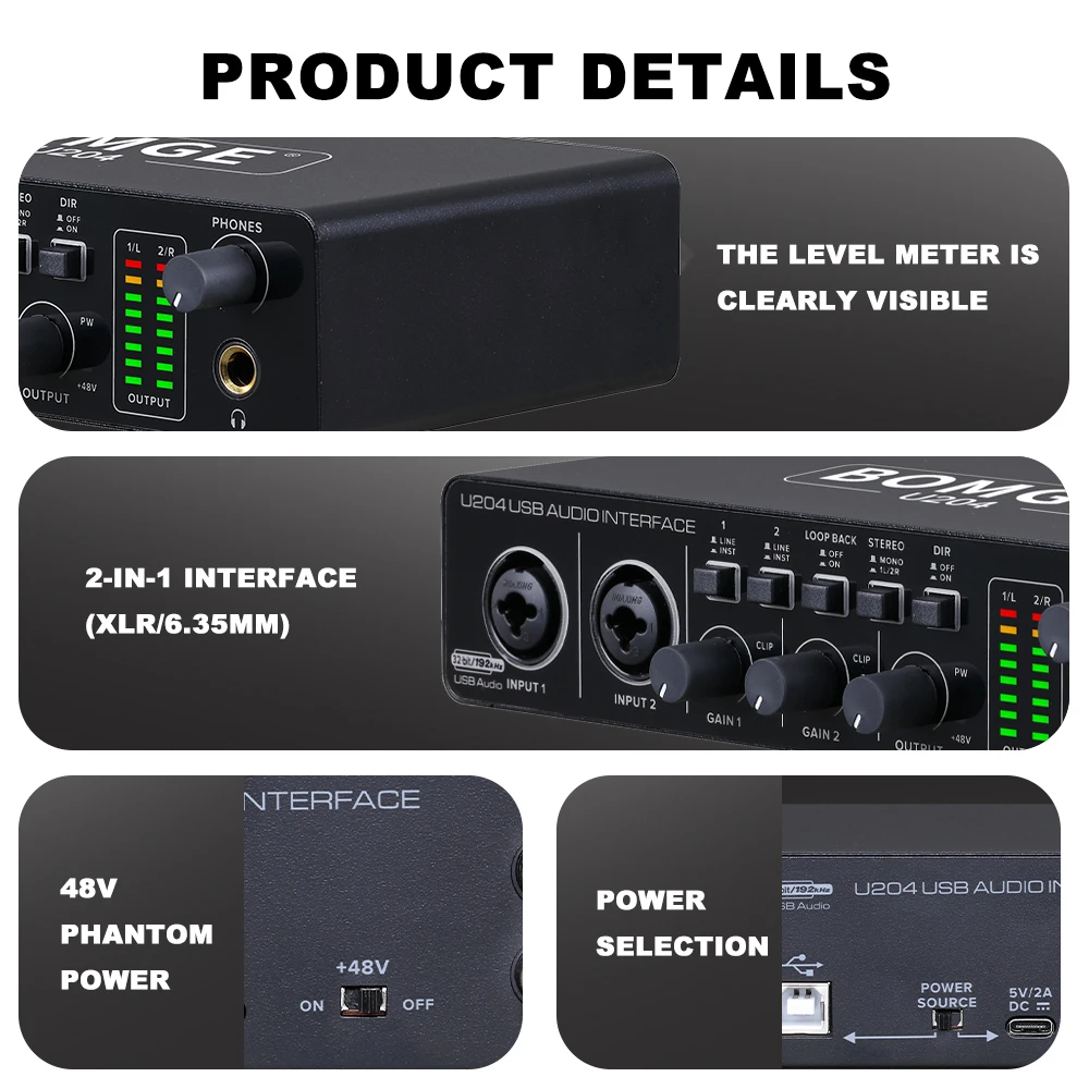BOMGE U204 USB Audio Interface for Mac 32Bit/192kHz Podcasting Streaming for Vocalist Producer with 48V Phantom