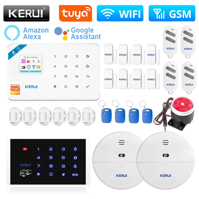 

KERUI W181 сигнализация домашний комплект WIFI GSM Tuya умный дом Alexa датчик движения датчик двери RFID карта Солнечная Сирена