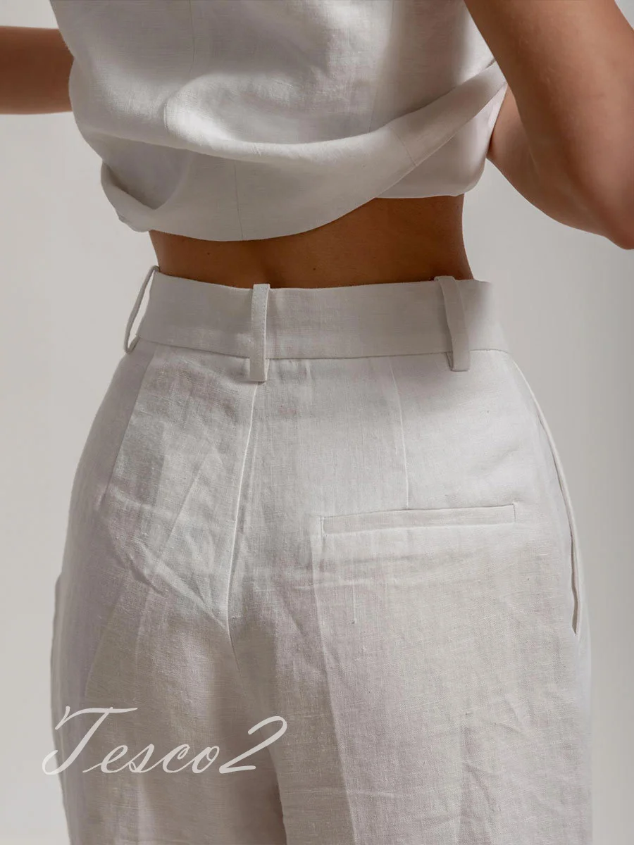 Tesco Vest Full Trousers Sets For Women 2024 Summer Office Lady Tops 2 Piece Casual White Linen Pants Sets For Wedding Party