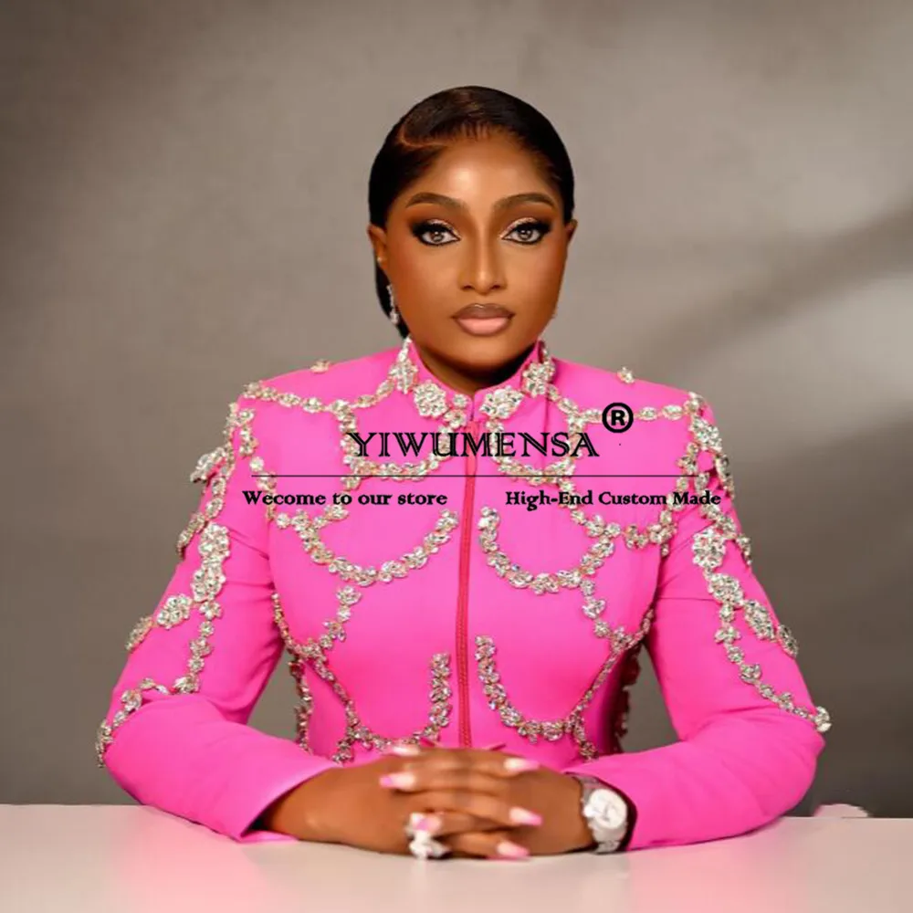Unique Design Pink Women Suits Crystals Beaded Blazer Pants 2 Pieces Female Formal Party Mother Of Bride Dresses Laides Clothing
