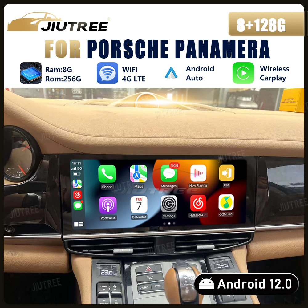 

12,3 дюймовый Android 12 автомобильный радиоприемник для Porsche Panamera 2011-2017, автомобильный мультимедийный плеер, беспроводной Carplay