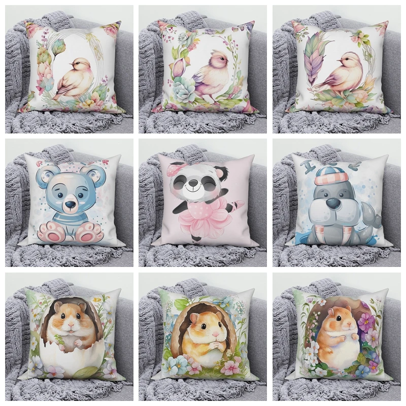 

Cute Animal Throw Pillow Covers Hamster Birds Bear Cushion Cover Decorative Cushion Pillowcase Sofa Living Room Decoration 45x45