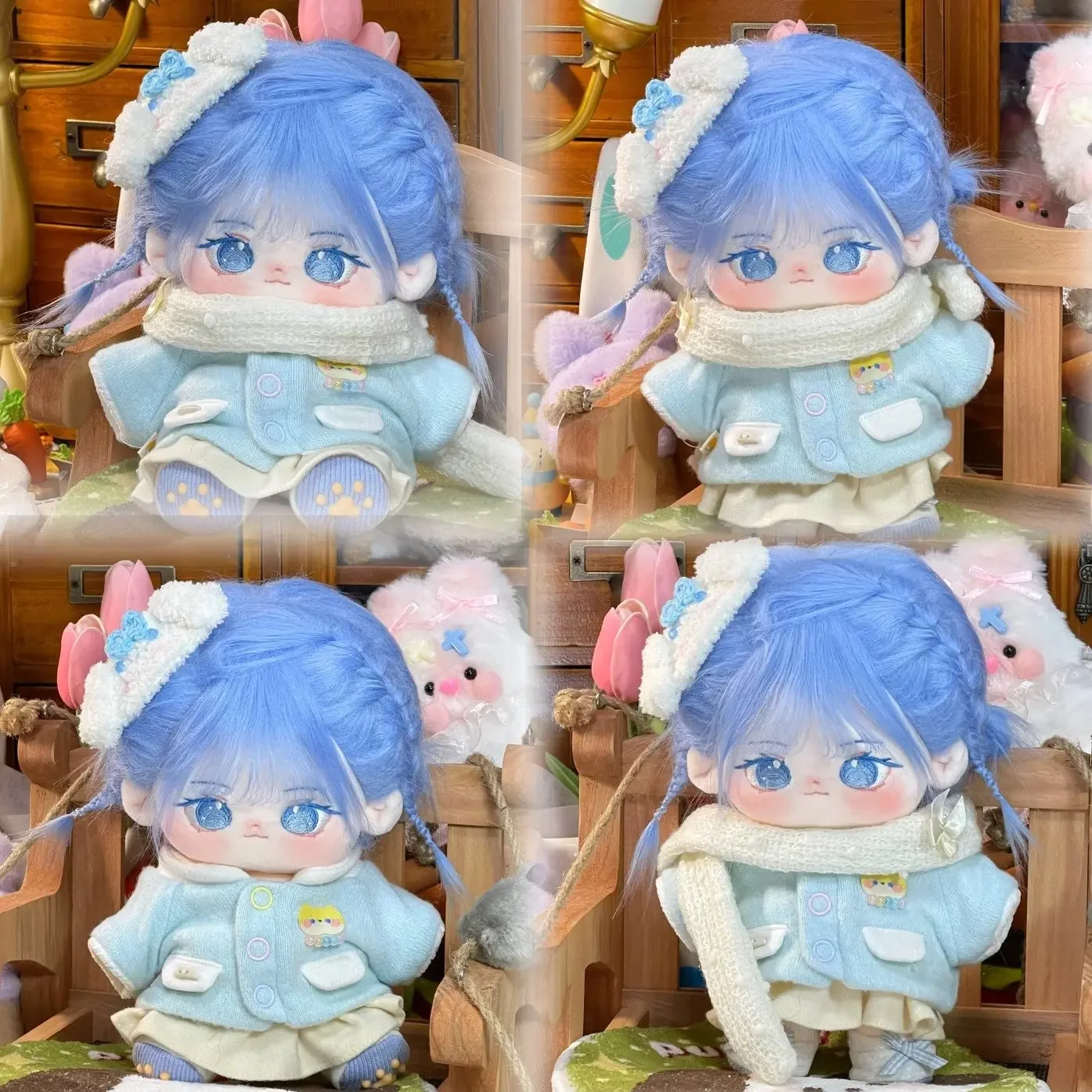 

Cute Blue Hiar Monster Dolls Rabbit Fur Plush Doll Body Dress UP Cartoon Cotton Plushie Cosplay Xmas Gift 20cm No Attribute