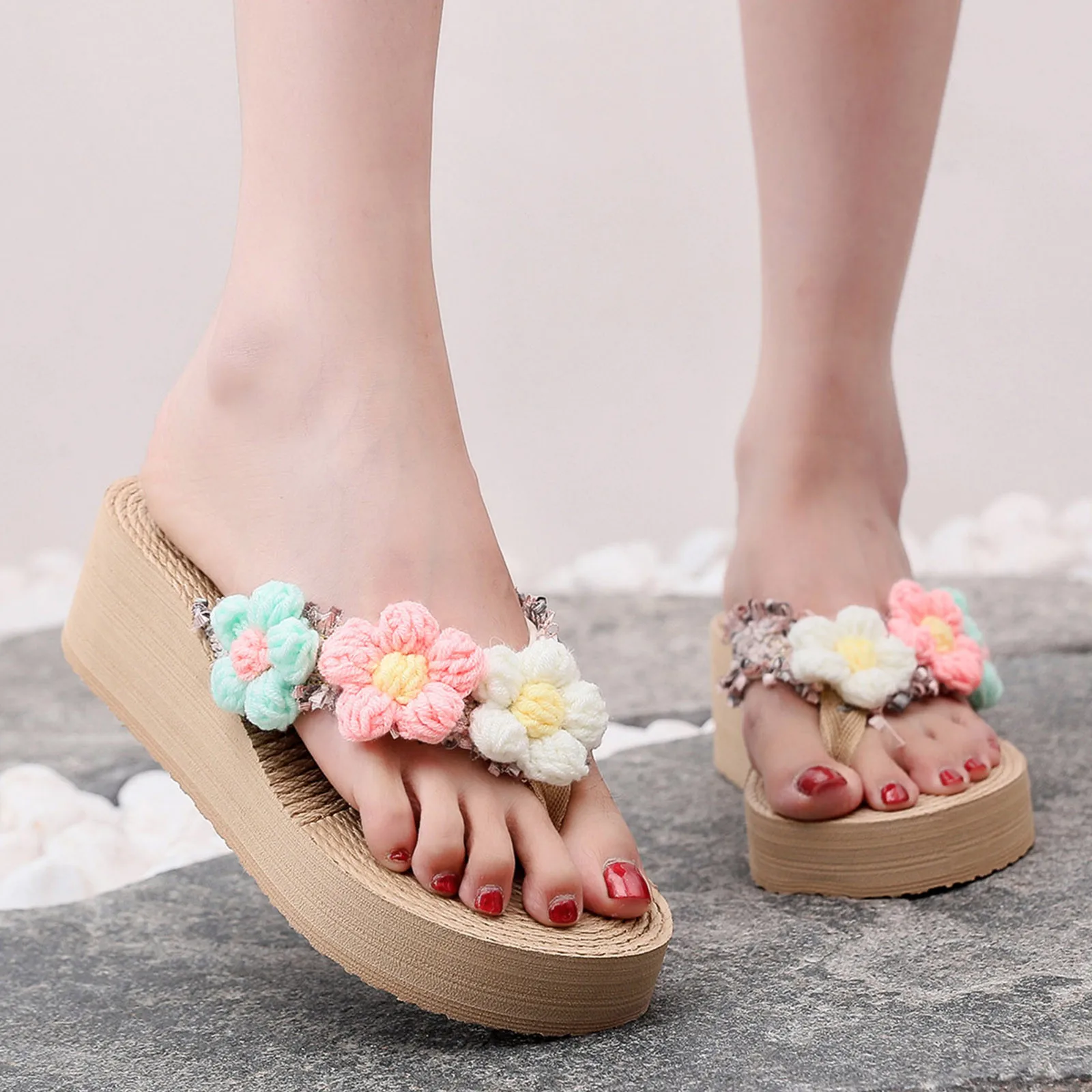 

Colorful Flower Slippers For Women Ladies Summer Thick Soles Wedge Heel Flip Flops Non-slip Beach Sandal Slippers Lightweight