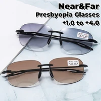 Fashionable Prescription Reading Eyeglasses Progressive Bifocal Sun Glasses for Middle-aged Frameless Presbyopia Glasses Diopter 1
