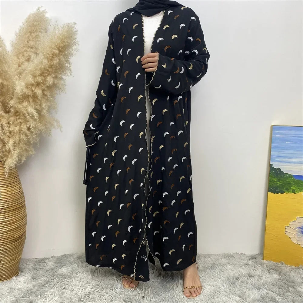 Moon Embroidery Open Abaya Ramadan Eid Kimono Abayas for Women Islamic Clothing Dubai Turkey Cardigan Muslim Hijab Dress Kaftan