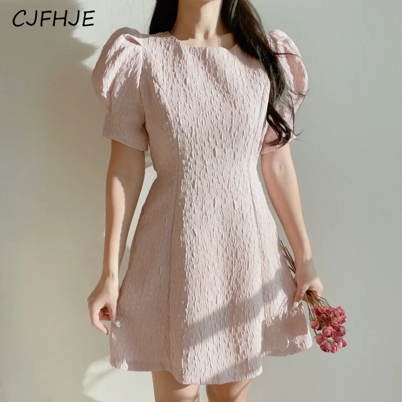 

CJFHJE Summer New Women's Round Neck Bubble Sleeve Jacquard Dress Korean Fashion Sweet Casual Women Short Sleeve Mini Dresses