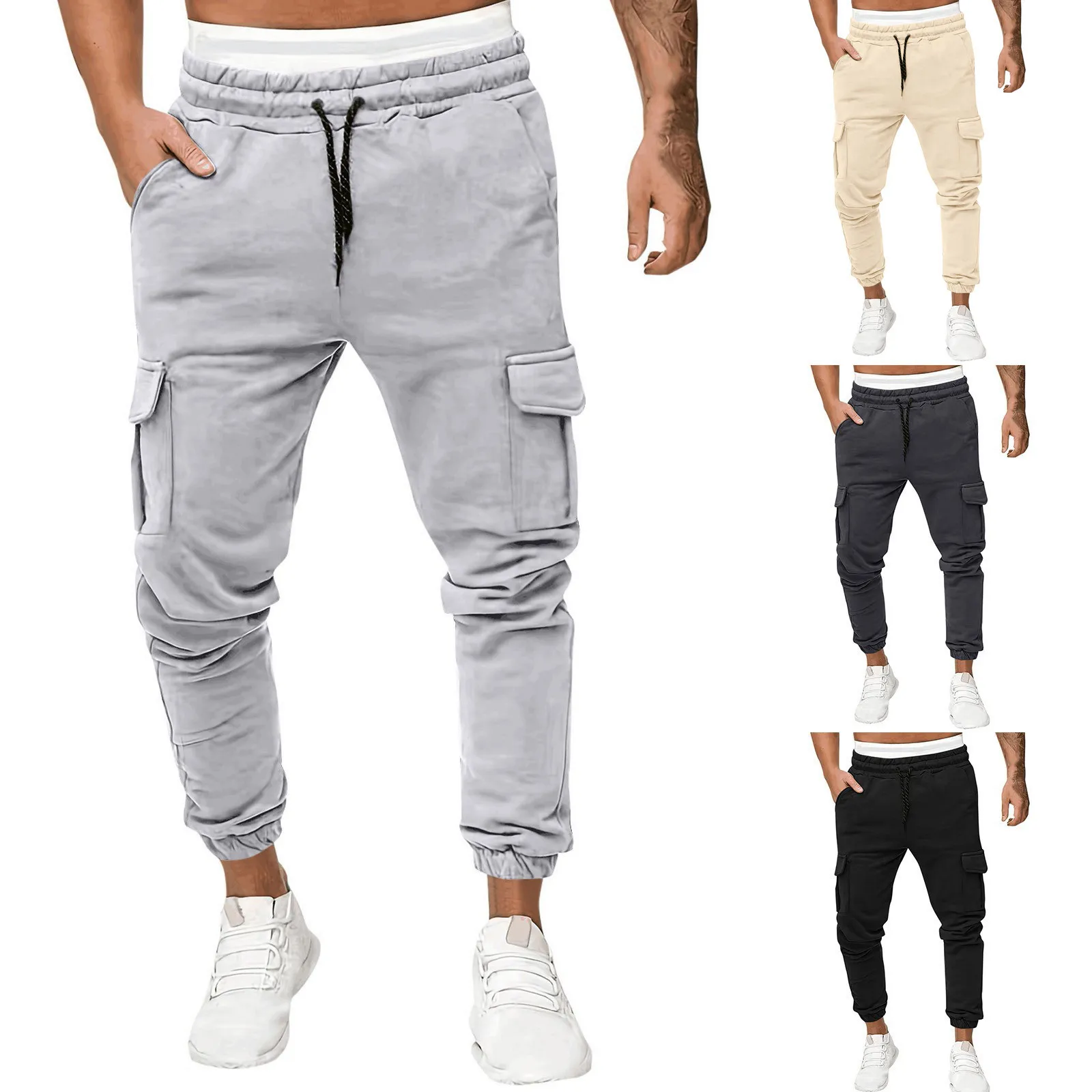 

Men Casual Waist Color Sports Hat Multi Woven Pocket Foot Rope Solid Pants Street Cargo Tie Men's Pants Bleach Pants for Men