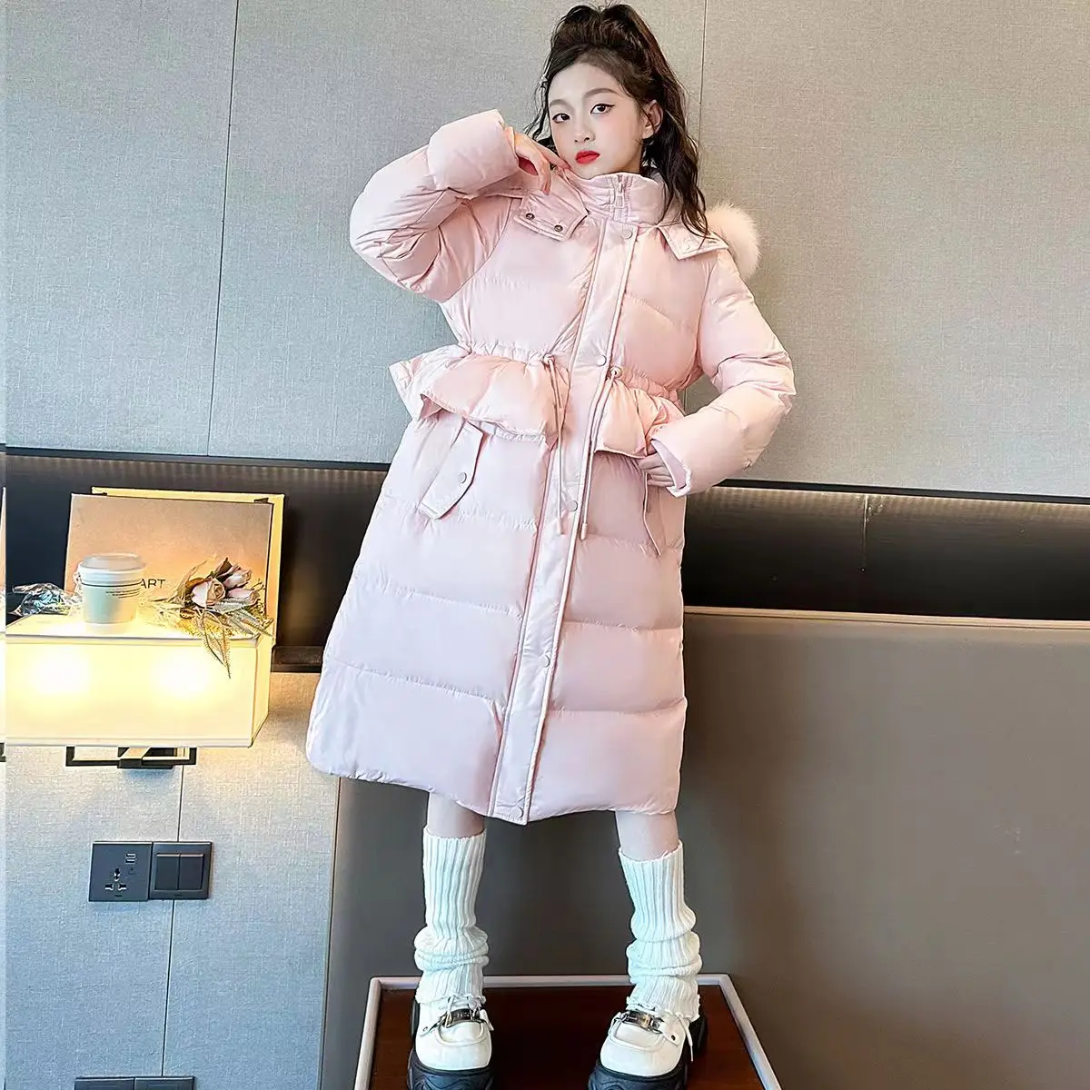 

Winter Girls Sweet Long Down Jackets Hooded Big Fur Collar Kids Parkas Children Clothes Girls Windproof Thicken Warm Coats