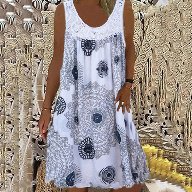 

Women Loose Vintage Ruffles Dress Causal Printing O-Neck Sleeveless Straps Knee Length Skirt Summer Elegant Beach Dresses Female