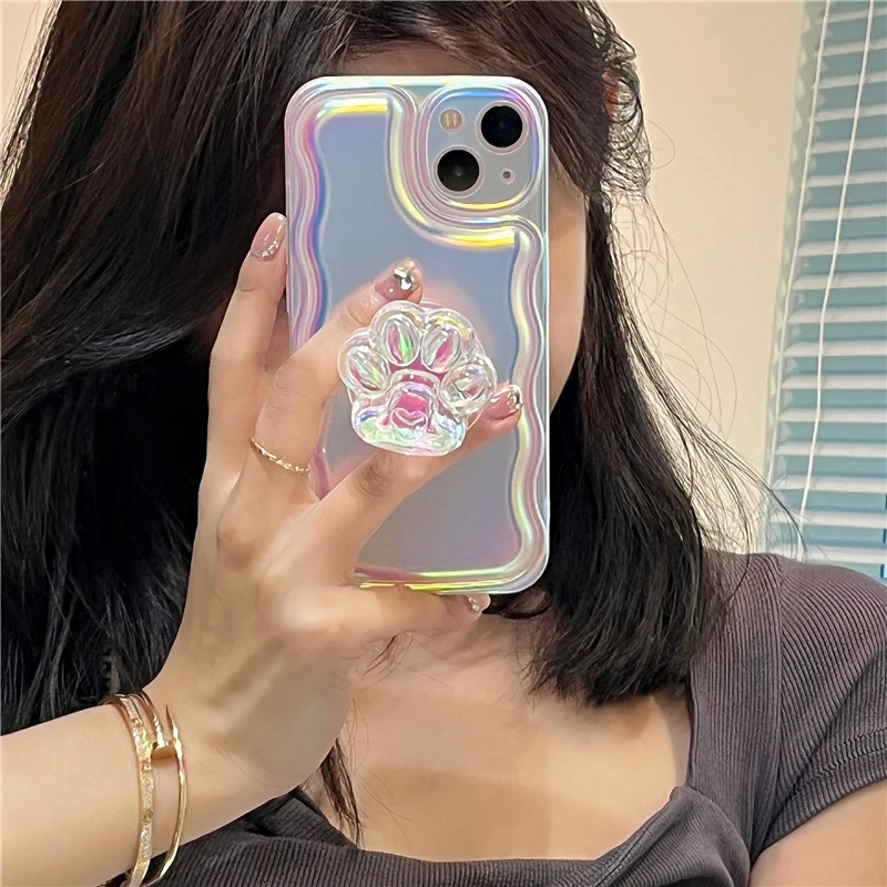 귀여운 고양이 발톱 휴대폰 거치대 브래킷, 크리스탈 판타지 3D 레이저 접이식 지지대 커버 케이스, 액세서리 스탠드 브래킷 소켓