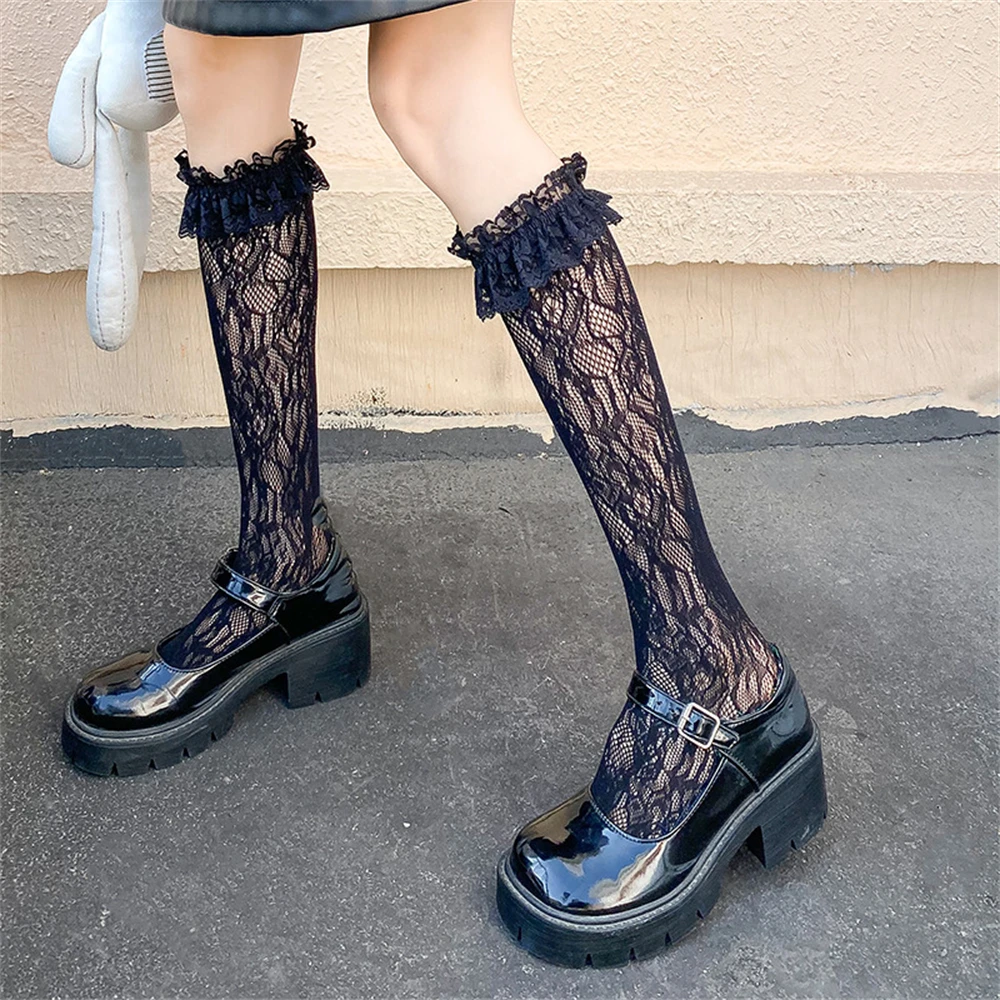 

Lace white Lolita calf sexy black silk fishnet women's socks XS409
