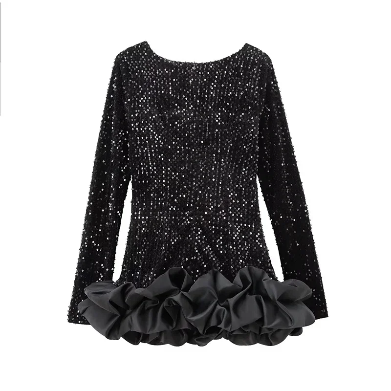 Vestido corto sexy con lentejuelas Y2K y volantes para mujer, elegante, sin espalda, cuello redondo, manga larga, negro, ajustado, para fiesta de otoño