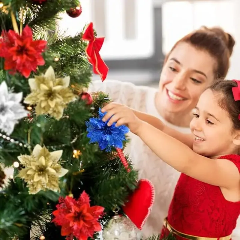 14cm Artificial Christmas Tree Flower Glitter Decoration Xmas Tree Ornaments Merry Christmas Decor for Happy New Year Navidad