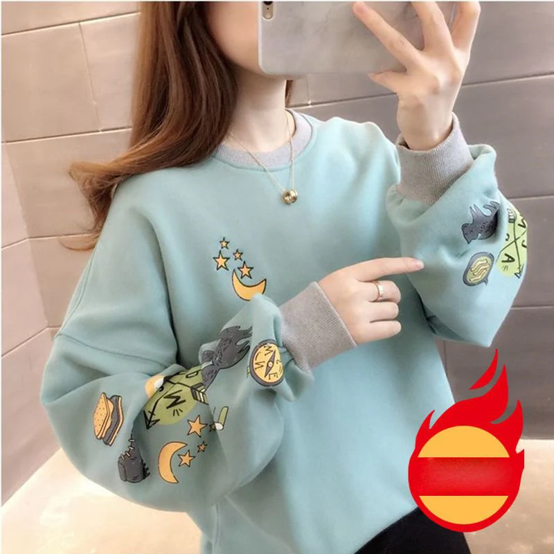 Fashion O-Neck Loose Printed Korean Sweatshirts Female Clothing 2023 Winter Oversized All-match Tops Casual Warm Sweatshirts