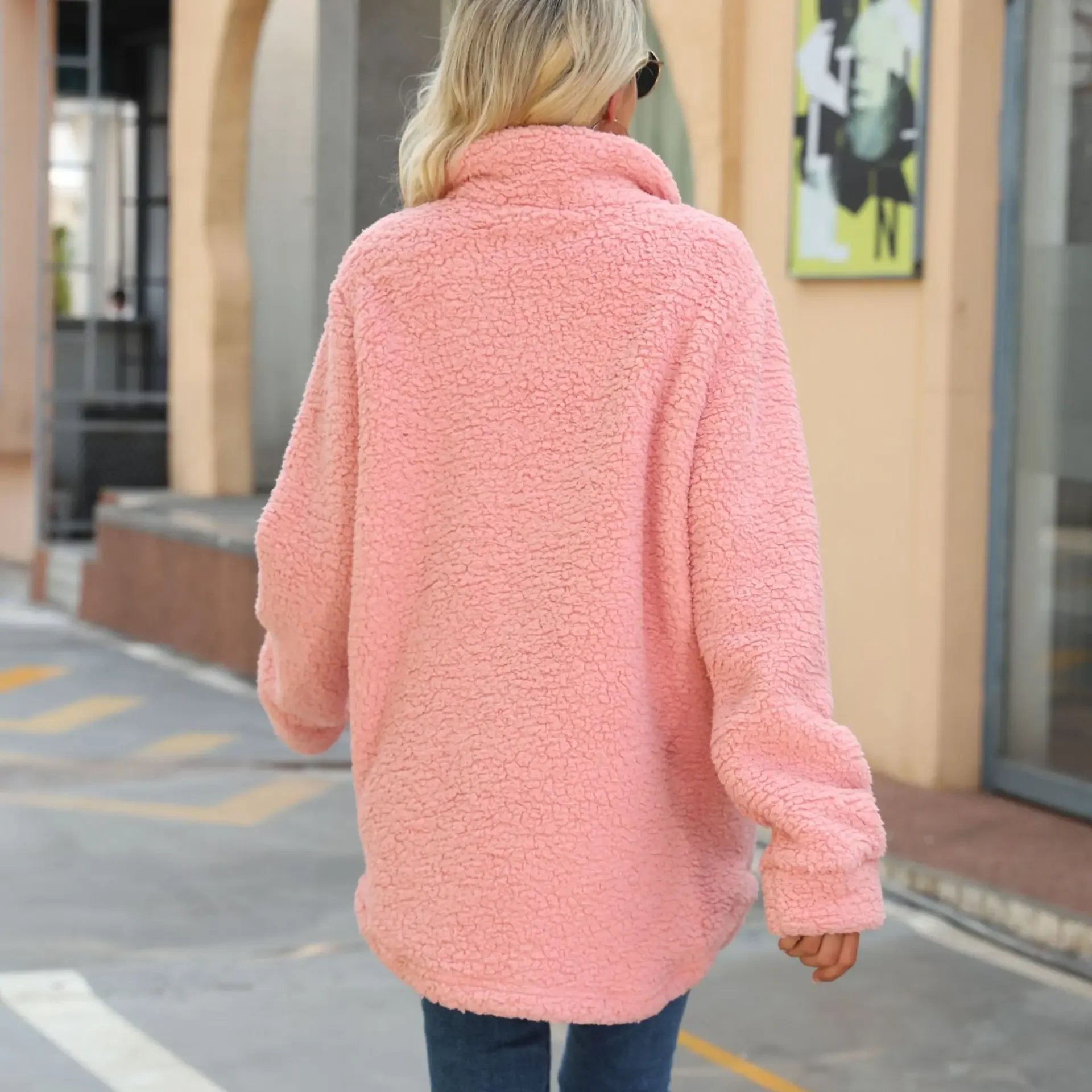 Women's Long Sleeved Plush Jacket Lapel Loose Breasted Fake Pocket Non Ironing Long Autumn Winter