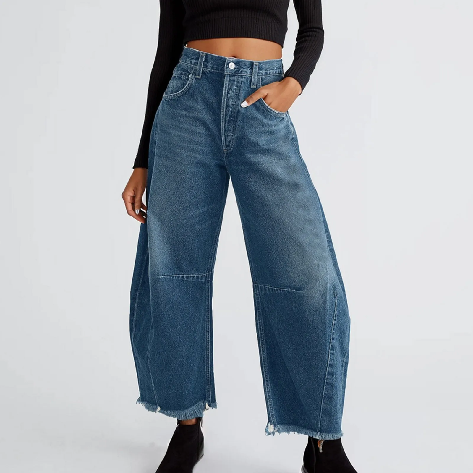 

Cropped Jeans for Women Y2K Aesthetic Solid Color Low Waist Baggy Denim Trousers 2000s Fashion Boyfriend Tapered Pants