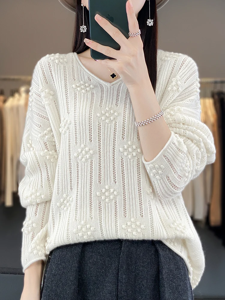 New Fashion Spring Summer Women Sweater V-neck Pullover 100% Merino Wool Long Sleeve Hollow Out Knitwear Female Clothing