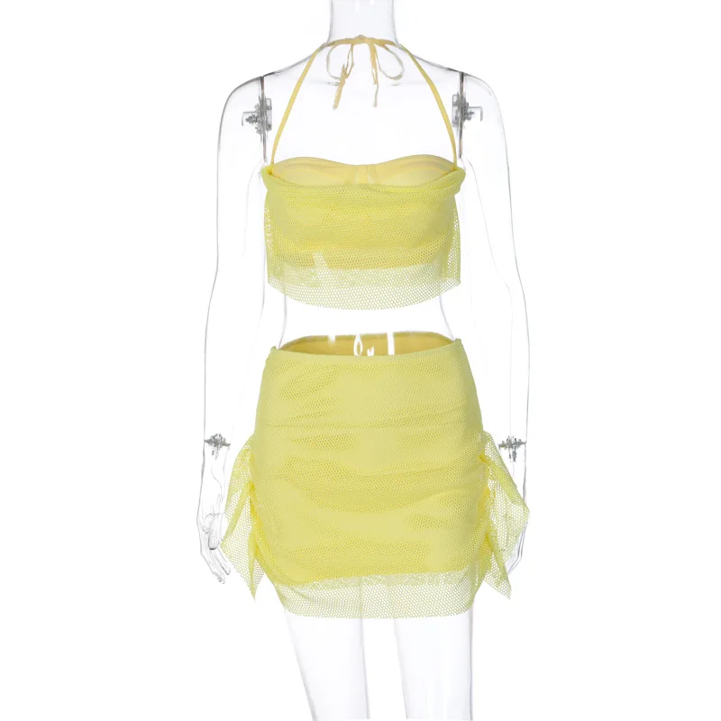 Casual Yellow 2 Piece Set Women Halter Gauze Sleeveless Crop Tops Patchwork Wrap Mini Skirt Fashion Suit