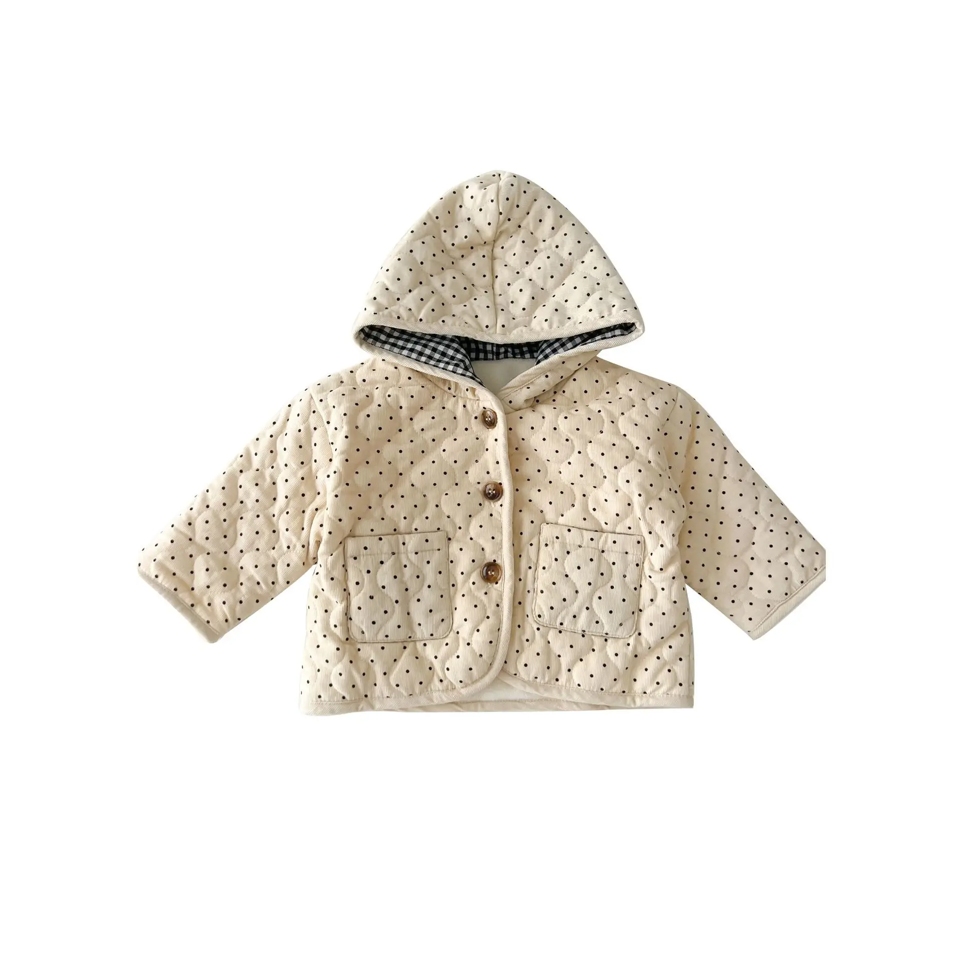 Winter New Baby Corduroy Warm Coat Long Sleeve Infant Padded Jacket Plus Velvet Thick Girls Boys Dot Print Hooded Coat