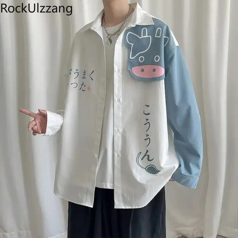 

Rockulzzang Cow Cat Cartoon Japanese Button Up Shirt Collar Long Sleeve Teenager College Woman Man Student Blouse Harajuku Kpop