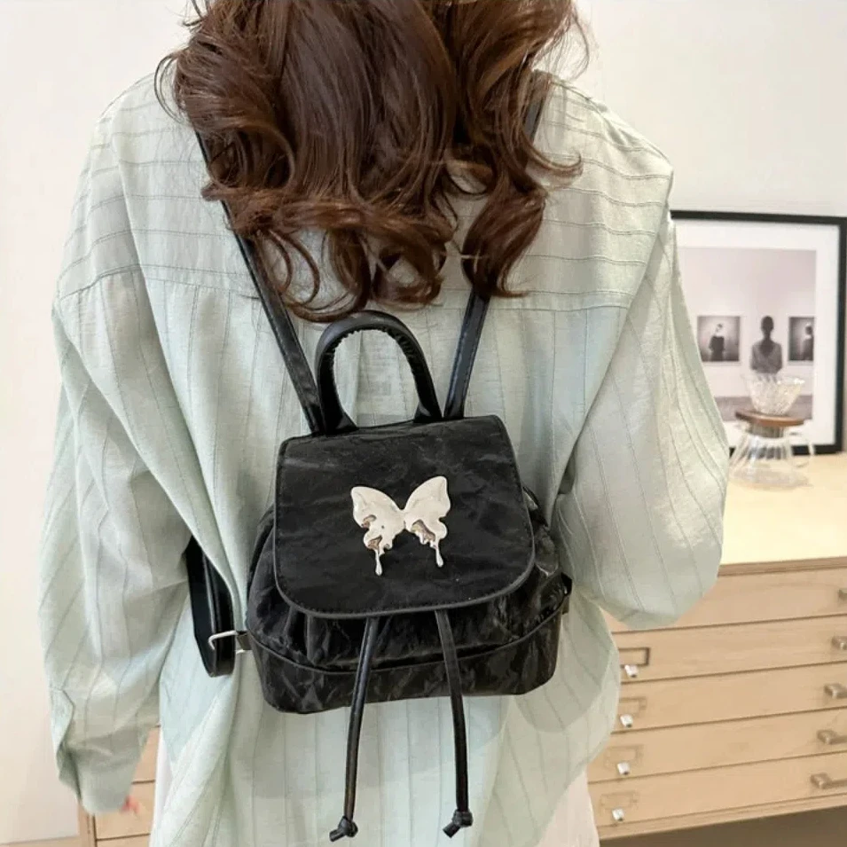 

New PU Women's Backpack Solid Color High-capacity Mini Backpack Butterfly Shoulder Bag Ladies