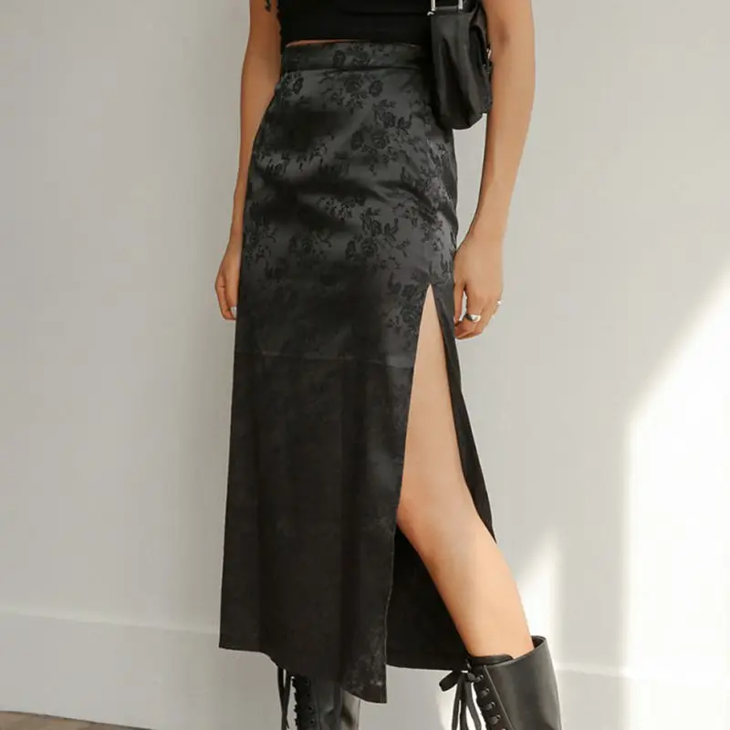 

Sexy Slit Black Long Skirts for Women Dark Floral Pattern Y2k Streetwear Elegant Korean Style Harajuku Coquette Aesthetic