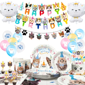 Cat Birthday Party Supplies,93pcs Birthday Decorations &Theme Tableware Set-Party Plates Napkins Tablecloth&Banner Balloons etc 1