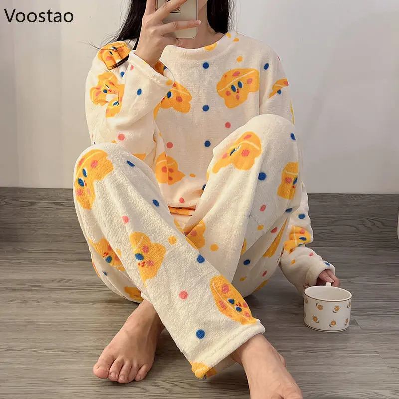 

Cartoon Print Sleepwear Flannel Pajamas Set Autumn Winter Warm Flannel Women Coral Fleece Home Wear Girls Cute Lounge Pyjamas